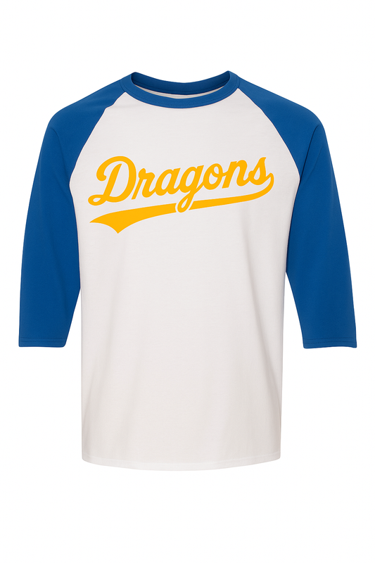 Youth Raglan 3/4 Sleeve Baseball Tee – Royal Blue & White with Retro Dragons Logo