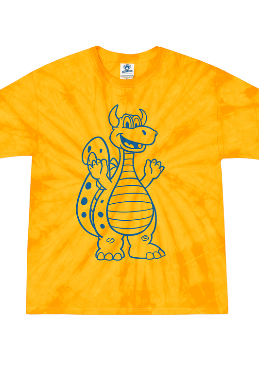 Youth Tie-Dye Tee – Yellow with Chester the Dragon Outline