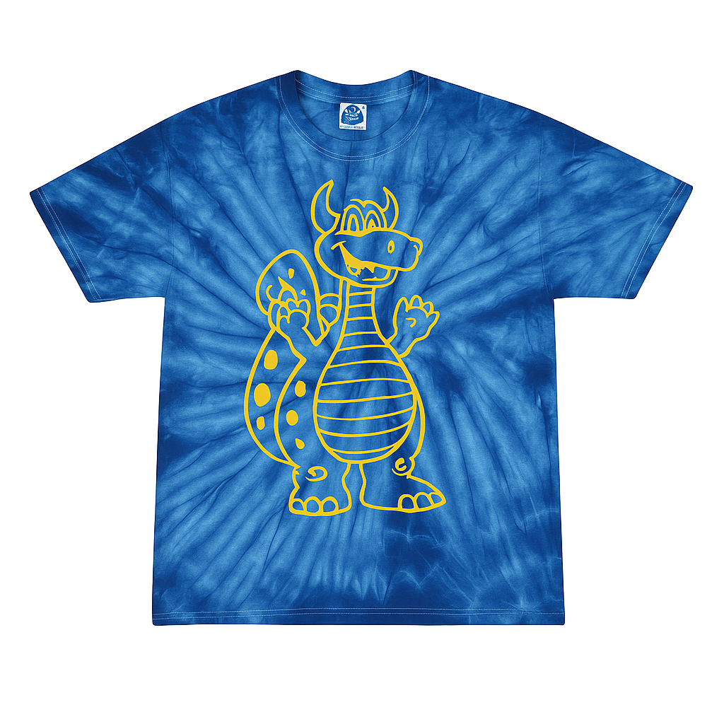Youth Tie-Dye Tee – Royal Blue with Chester the Dragon Outline